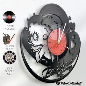 Vintage Cartoon Character Vinyl Record Clock, Boop-Oop-a-Doop Girl Design, Quirky Home Decor, Handmade Wall Clock