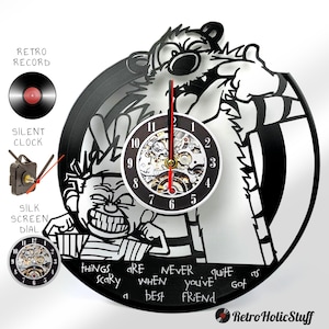 Orologio da parete in vinile Calvin and Hobbs, decorazione per cameretta a tema fumetti