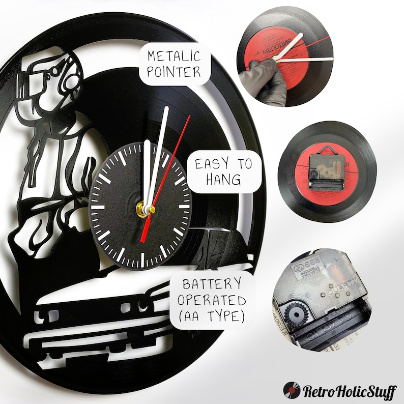 May include: A black vinyl record clock featuring a silhouette of a person welding a car. The clock has a metallic pointer and is battery operated with AA batteries. The clock is easy to hang on the wall.