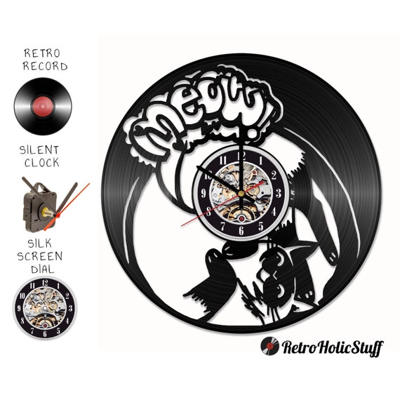 Orologio da parete a forma di gatto, disco in vinile retrò, movimento silenzioso, rotondo nero da 12 pollici - Italia