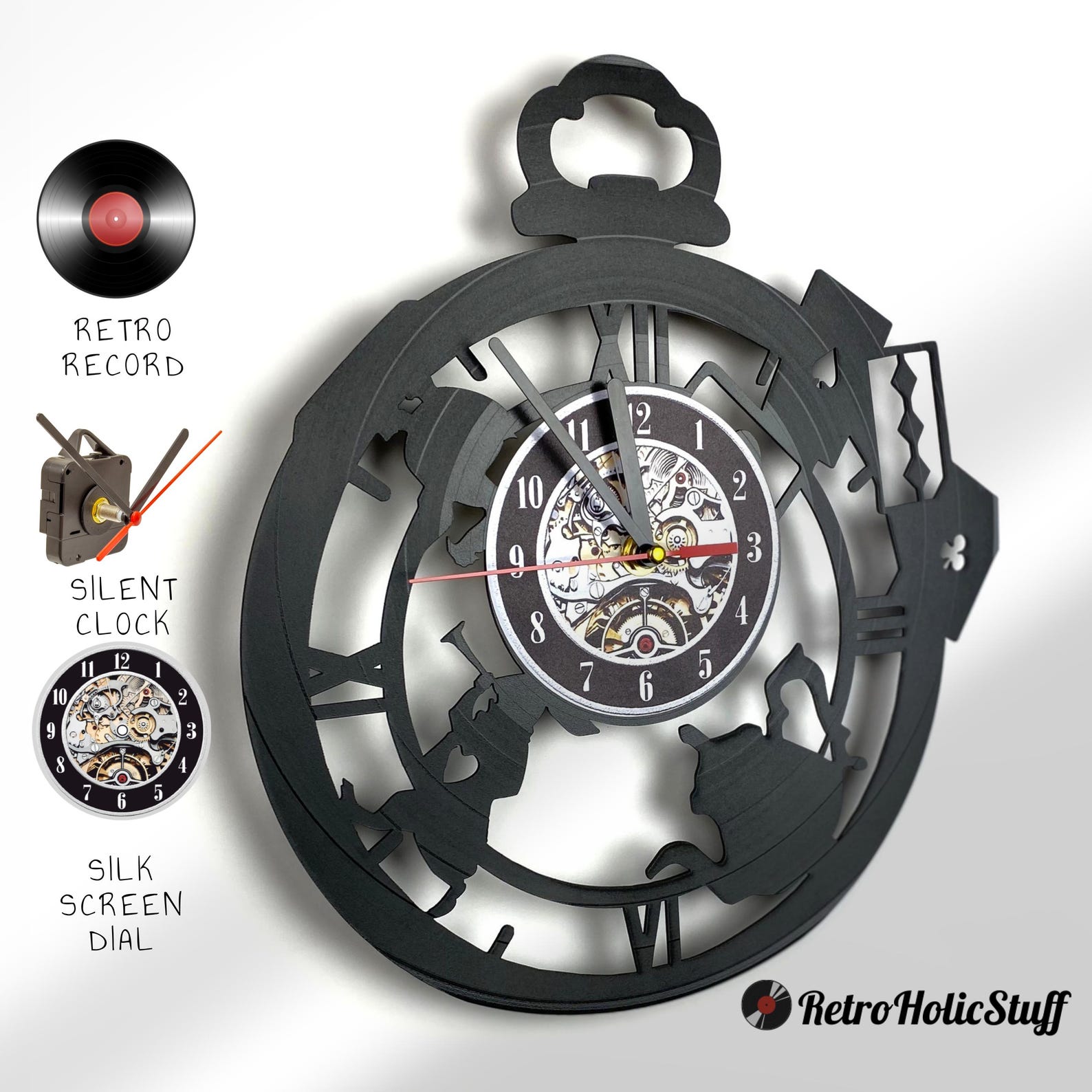 Alice in Wonderland Vinyl Record Wall Clock, Handmade Decor