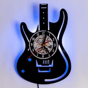 Record Clock with Fender Guitar Design, Lighted Vinyl Wall Clock for Music Room Decorations, Stylish Guitar Decor for Men who Play Guitar