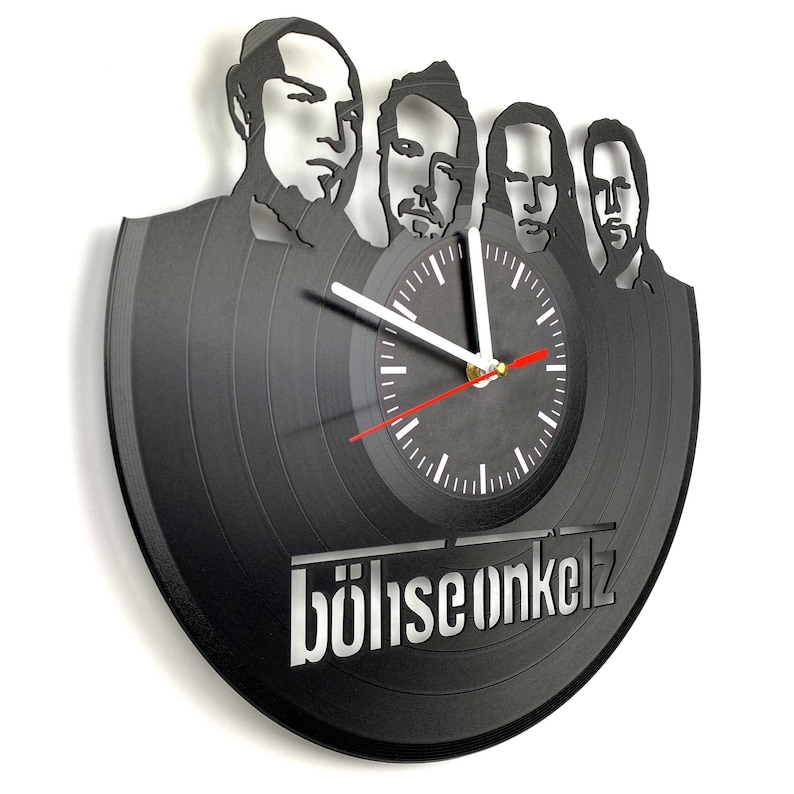 Vinyl record wall clock featuring Böhse Onkelz band silhouette and minimalist clock face with white and red hands.