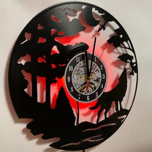 Wolf Wall Clock - Glow in the Dark LED Vinyl Record Clock - Wolf howling at the moon