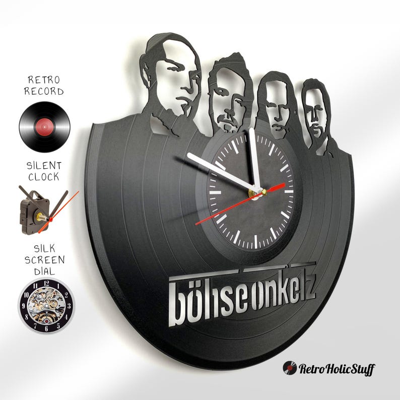 Böhse Onkelz vinyl record clock with band portrait cutout, silent quartz clock movement, and silkscreen dial illustrated with feature icons.