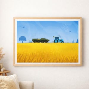 Póster de tractor ucraniano remolcando un tanque, arte mural de apoyo a Ucrania, lámina de campo de trigo azul y amarillo.