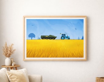 Ukrainian Tractor Towing Tank Poster, Support Ukraine Wall Art, Blue Yellow Wheat Field Print