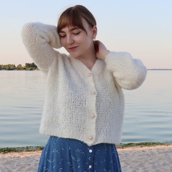 Hand Knitted Chunky Wool Boucle Cardigan, Fluffy Wedding Jacket