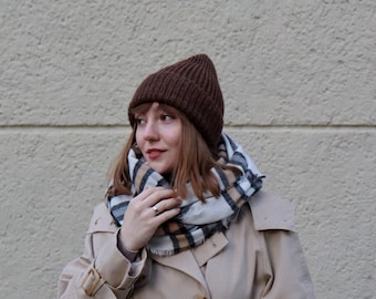 Brown Chunky Woman Beanie, Hand Knitted Alpaca Wool Hat