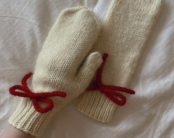 Hand Knit Wool Mittens with Red Bows, Warm Gift for Her