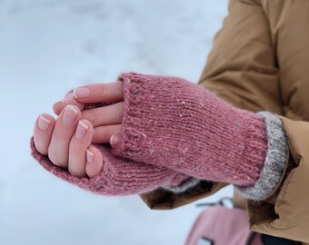 Women Tweed Mitts, Hand Knitted Wool Fingerless Gloves, Winter Pink Hand Warmers