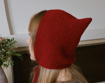 Hand Knit Adult Bonnet, Wool Ear Flap Hat, Pixie Hood