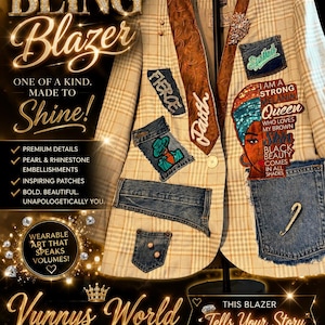 Pode incluir: Um blazer bege xadrez com remendos de ganga, um grande remendo gráfico de uma pessoa com um lenço na cabeça e remendos de texto com as palavras Fierce, Faith e Spotted. O blazer é adornado com pérolas, strass e um alfinete de segurança.