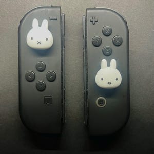 May include: Two black Nintendo Switch Joy-Con controllers. Each controller features a white bunny face on the joystick. The left controller has a directional pad and the right controller has the A, B, X, and Y buttons.