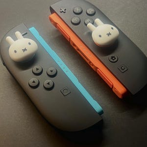 May include: Two black Nintendo Switch Joy-Con controllers with white bunny-shaped thumb grips. One controller has an orange rail and the other has a blue rail. The controllers have black buttons and directional pads.