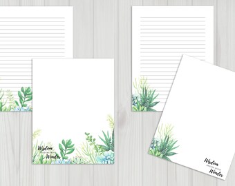 Wisdom Begins With Wonder Motivational Quote, Botanical Succulent Plant, Watercolor Greenery Design, Printable A4 Paper, US letter size