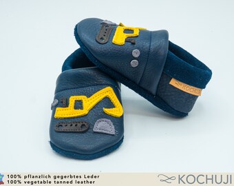 Organic Leather Slippers  / Excavator / Baby Booties / Vegetable Tanned Leather / Various Sizes and Colors / Personalisable