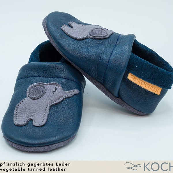 Bioleder Krabbelschuhe Elefant / Lederpuschen / Lauflernschuhe / Naturleder / Pflanzliche Gerbung / Chromfrei / Namenslabel