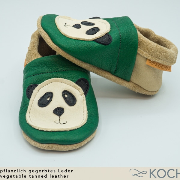 Bioleder Krabbelschuhe Panda / Personalisierbar / Verschiedene Farben / Lederpuschen / Pflanzliche Gerbung / Chromfrei / Pandabär