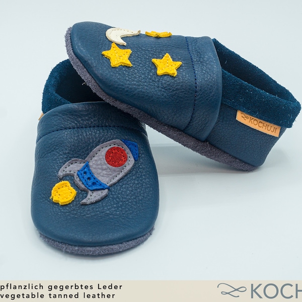 Bioleder Krabbelschuhe Rakete / Weltall / Verschiedene Farben / Naturleder / Pflanzliche Gerbung / chromfrei / Sterne und Mond