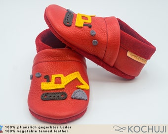 Organic Leather Slippers  / Excavator / Baby Booties / Vegetable Tanned Leather / Various Sizes and Colors / Personalisable