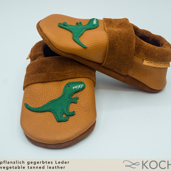 Bioleder Krabbelschuhe Dino / Personalisierbar / Verschiedene Größen und Farben / Lederpuschen / Pflanzliche Gerbung / Chromfrei / TREX