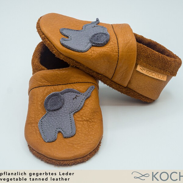 Bioleder Krabbelschuhe Elefant / Lederpuschen / Lauflernschuhe / Naturleder / Pflanzliche Gerbung / Chromfrei / Namenslabel