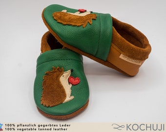 Organic Leather Slippers: Hedgehog Design, Personalized, Vegetable Tanned