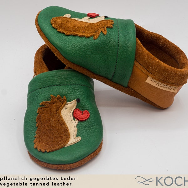 Bioleder Krabbelschuhe Igel / Personalisierbar / Verschiedene Größen und Farben / Lederpuschen / Pflanzliche Gerbung / Chromfrei