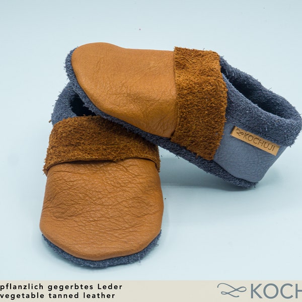 Bioleder Krabbelschuhe personalisiert / Hausschuhe / Zweifarbig / Verschiedene Farben / Lederpuschen / Pflanzliche Gerbung / chromfrei