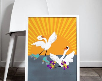Swan Art Print/Swan wall art/ Swan children’s room Art Print/ Swan wall artwork/ Swan Wall Art for the home/ Fun Swan Art/ Sunshine Wall art