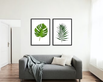 Set of Two Tropical Leaf Print, Tropical Leaves, Green Leaf Print, Tropical theme decor, Green Leaves, Tropical Leaf Art/
