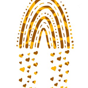 May include: A whimsical illustration of a rainbow with a giraffe print pattern in shades of brown and yellow. Brown and yellow hearts fall from the rainbow, creating a cheerful and playful design on a white background.