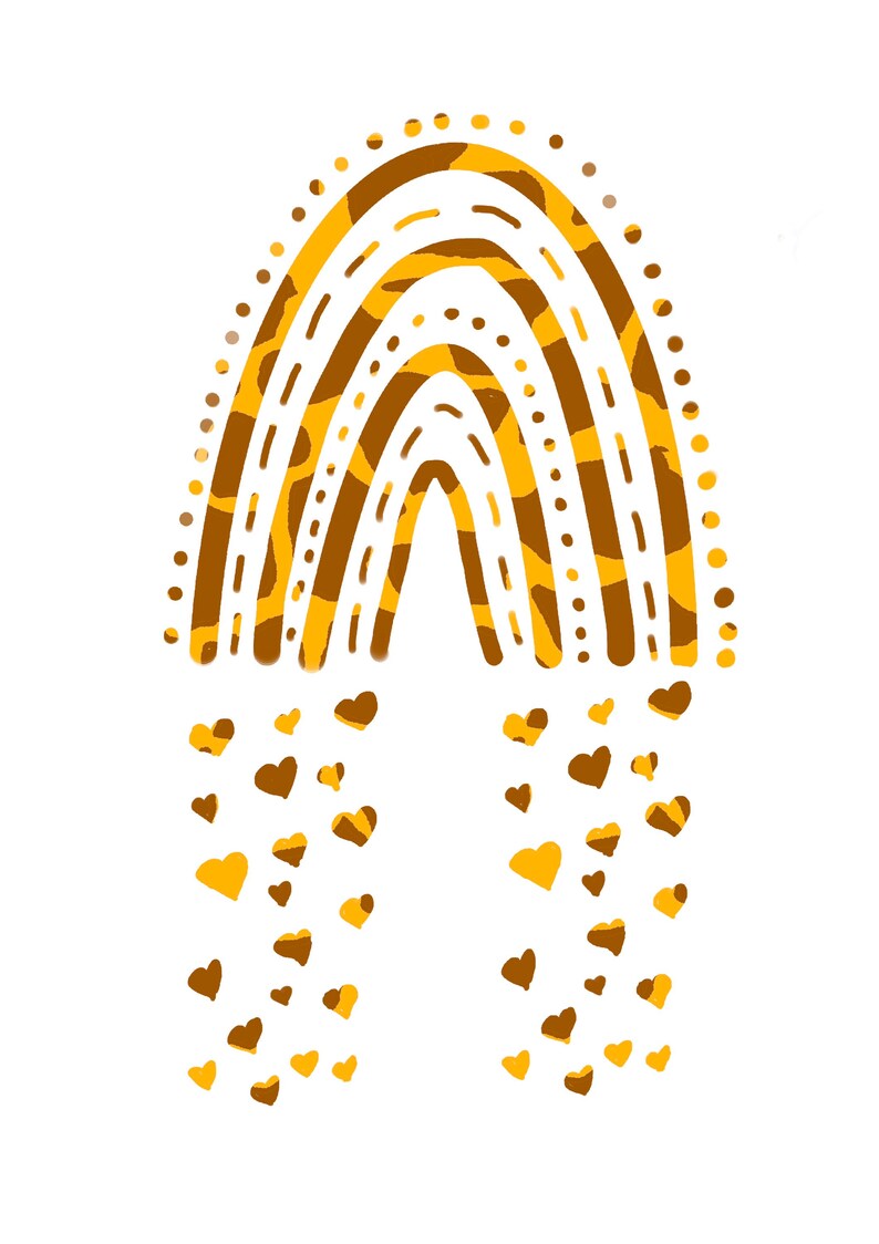 May include: A whimsical illustration of a rainbow with a giraffe print pattern in shades of brown and yellow. Brown and yellow hearts fall from the rainbow, creating a cheerful and playful design on a white background.