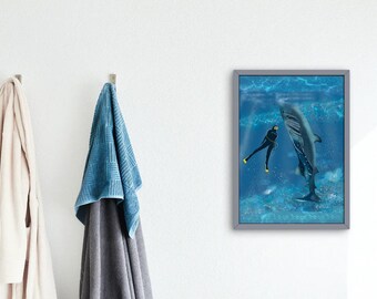 Scuba divers art print/ scuba diver and whale art print/  whale art/ whale painting/ digital art/ gift for scuba diver/ gift for whale lover