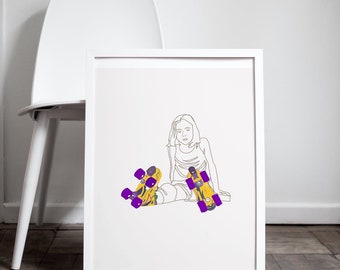 Roller Skates Line Drawing/ Girl on Roller skates/ Roller skates Art/ Roller Skates/ Roller Skates Print/ Retro Art/ Line Art Print/Retro