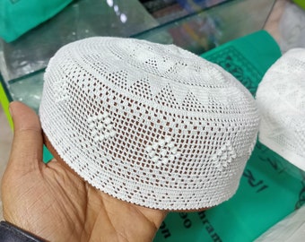 White Knitted Hand Made Men Skull Cap Gift for Muslim Islamic Prayer Hat Islamic Gift Topi Kufi Head Wear