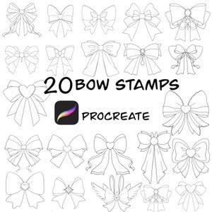 Pode incluir: Um conjunto de 20 carimbos de laço preto e branco para Procreate, um aplicativo de arte digital. Os laços são de vários estilos, incluindo em forma de coração, em forma de estrela e com asas.