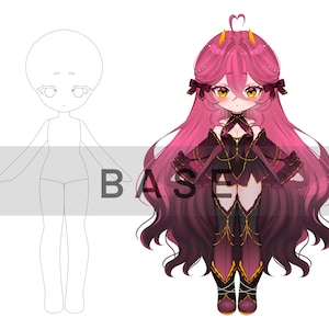 Op de afbeelding: Digitale illustratie van een chibi-personage met lang roze haar en een donkere outfit. Het personage heeft gele ogen en kleine hoorns. Het woord "BASE" is zichtbaar in de afbeelding.