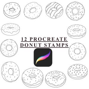 May include: Twelve black and white outline illustrations of donuts with various toppings, including sprinkles, icing, and stars. The text "12 PROCREATE DONUT STAMPS" is below the donuts. The Procreate app icon is in the center of the image.