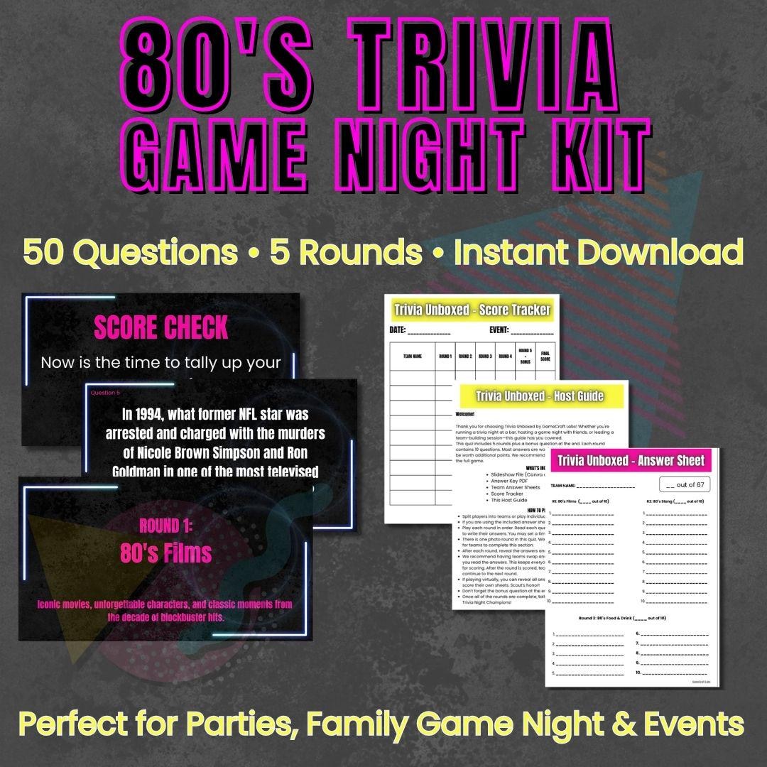 80's Trivia Game Night Kit | 50 Questions, 5 Rounds + Bonus | Instant ...
