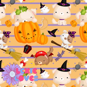 May include: A seamless pattern featuring cute cartoon dogs dressed in Halloween costumes, pumpkins, ghosts, bats, spiders, and broomsticks. The background is a light orange with purple stripes.