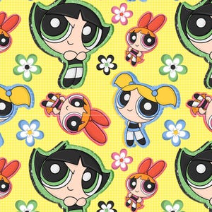 May include: A repeating pattern featuring the Powerpuff Girls cartoon characters on a yellow background. The design includes Blossom, Bubbles, and Buttercup, along with various flowers in pink, white, and blue.