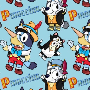 May include: A seamless pattern featuring cartoon illustrations of a blue dog with a long nose, a black cat with a white collar, and a grey dog with a top hat and an umbrella. The pattern repeats the text "Pinocchio" in a decorative font.