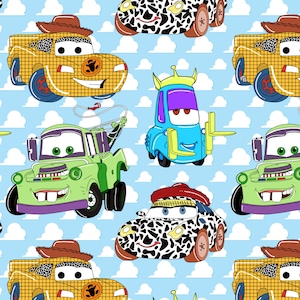 May include: A seamless pattern featuring cartoon cars in various colours and designs. The cars are set against a blue sky with white clouds. The cars include a yellow car with a chequered pattern, a blue car with a forklift, a green car with a tow truck, and a black and white car with a cow print.