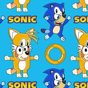 May include: A blue background with a repeating pattern of Sonic the Hedgehog and Tails the Fox. Sonic is wearing a blue costume and Tails is wearing an orange costume. The word "SONIC" is repeated in yellow letters.