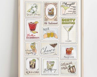 Cocktail Stamps Poster: Retro Watercolor Wall Art (Digital Download)