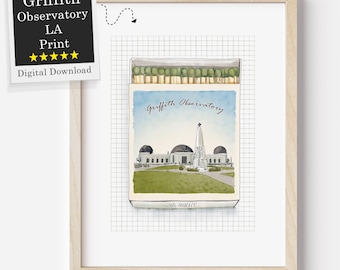 Griffith Observatory Los Angeles Art Print, Original Digital Painting, Printed Watercolor Sketch, Decor Poster