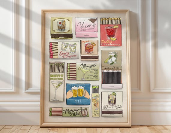 Matchbook Art Cocktail Poster: Cocktail Lover Gift Painted Watercolor Wall Decor, Digital Download