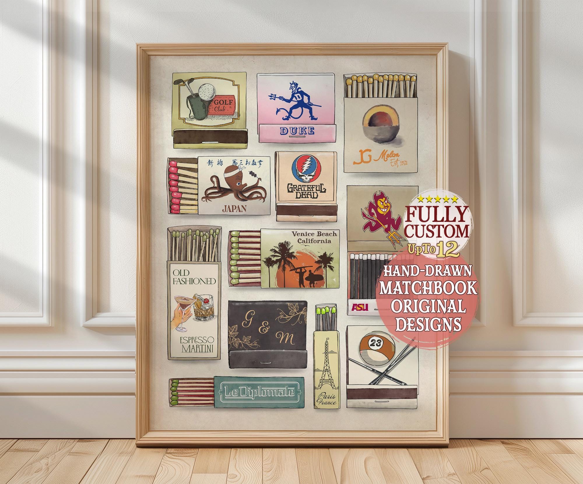 Custom Hand-drawn Matchbook Art Print | Personalized Digital Matchbox ...